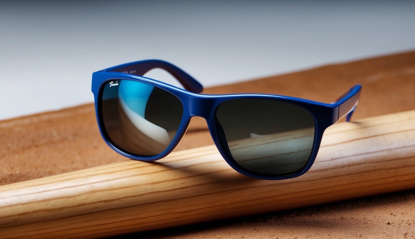 Blue sunglasses resting on a baseball bat, with a brown background