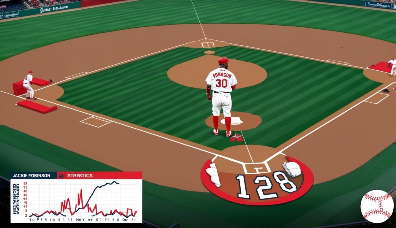 A baseball field with Jackie Robinson's jersey number and a graph showing his statistical overview