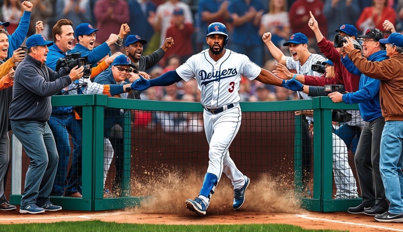 A baseball player breaking barriers, surrounded by cheering fans and media