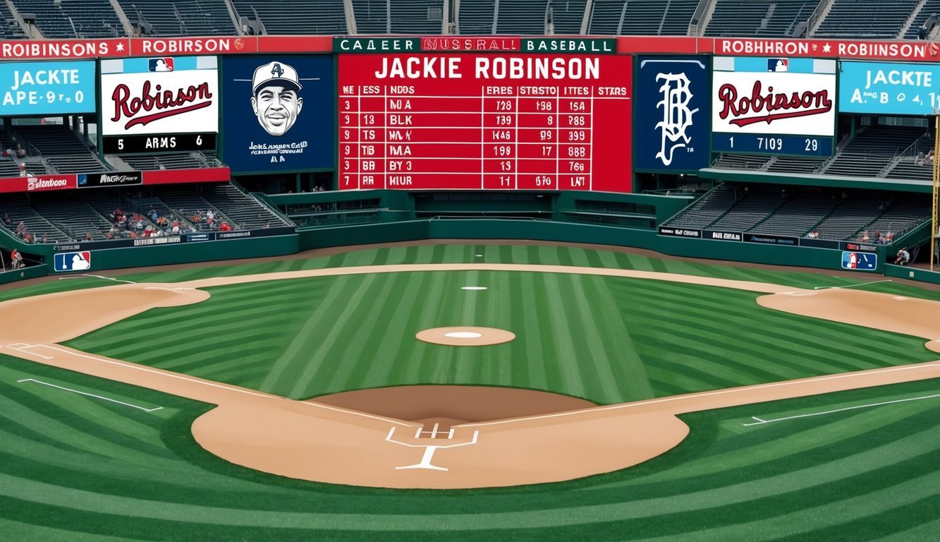 A baseball field with a scoreboard displaying Jackie Robinson's career achievements and statistics