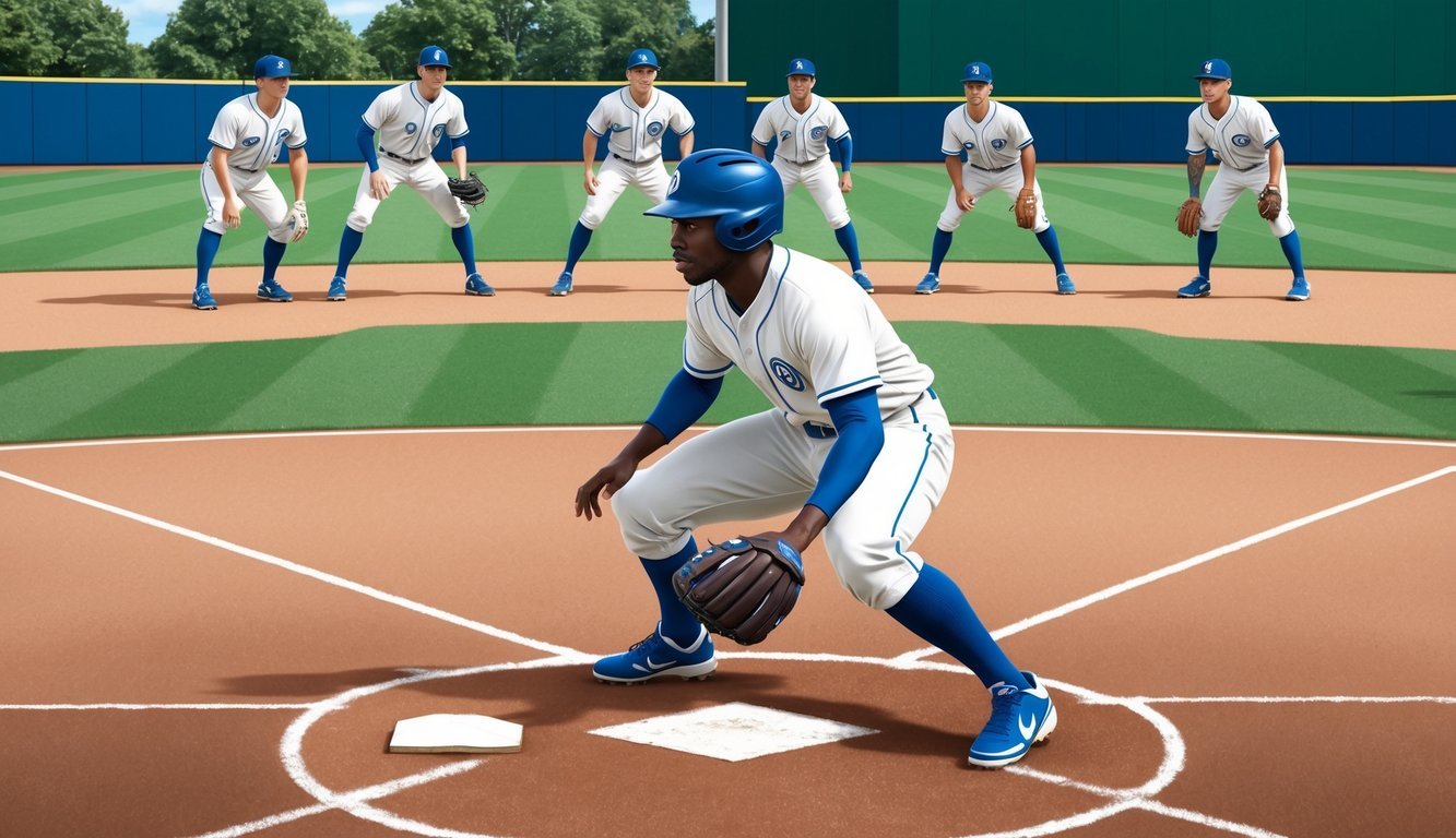 A third baseman positioned ready to field a ground ball, while the rest of the team is strategically positioned on the field