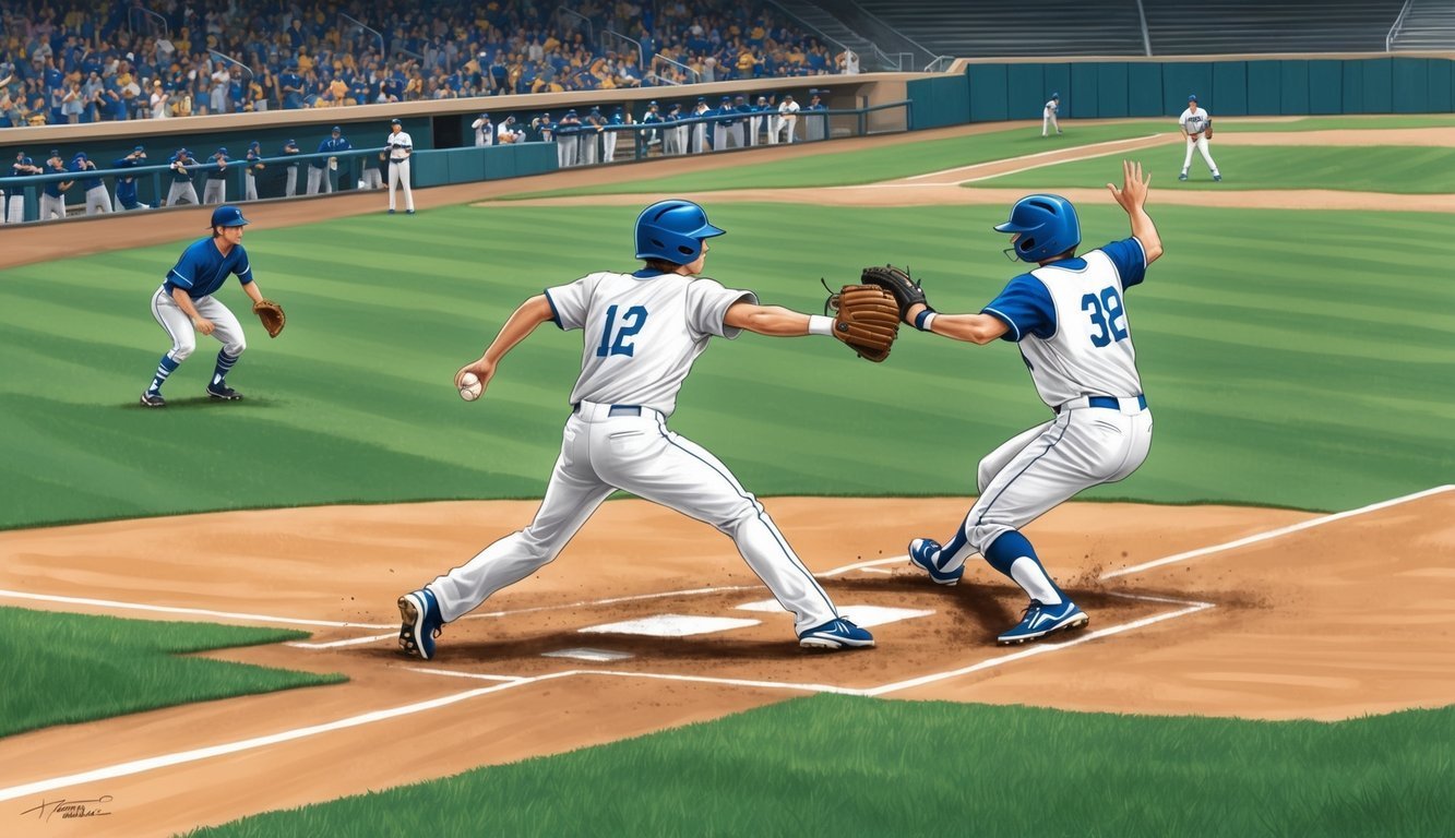 Baseball players in a game, one throwing the ball, another catching