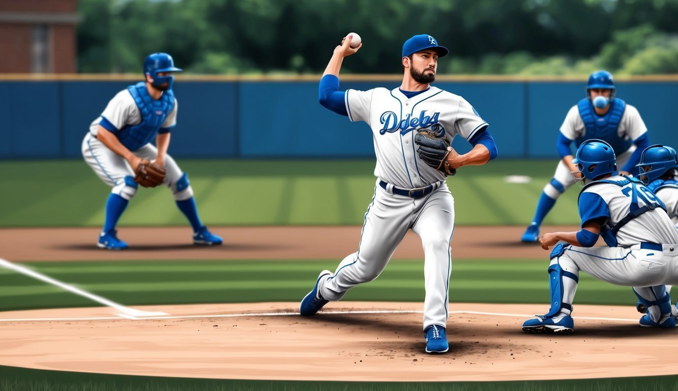 Baseball pitcher throwing a ball, with catcher and other players in uniform