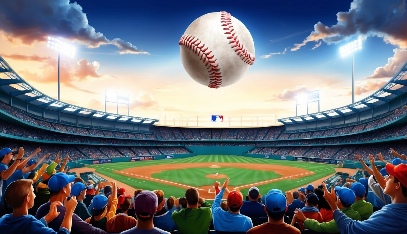 A baseball flying through the air over a stadium filled with cheering spectators