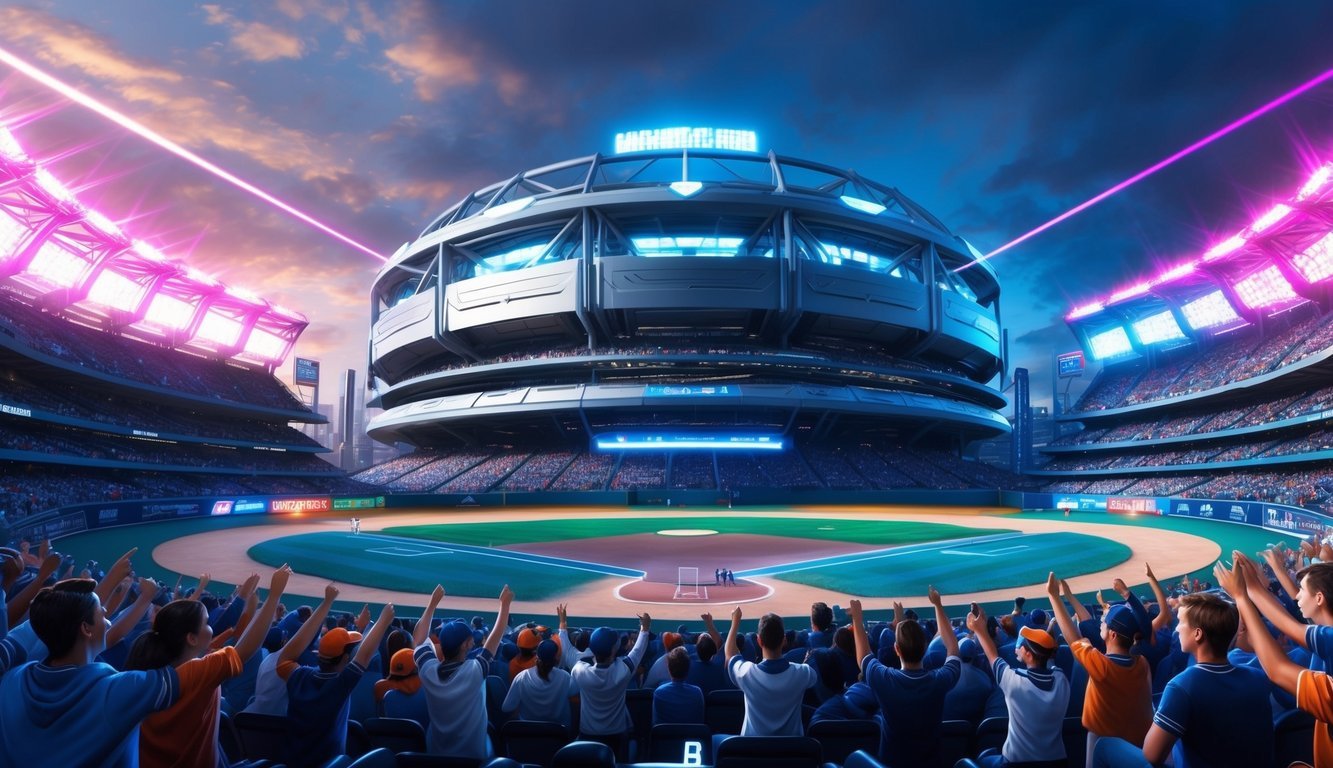 A futuristic baseball stadium with sleek, metallic architecture and advanced technology, surrounded by cheering fans and illuminated by vibrant, pulsating lights