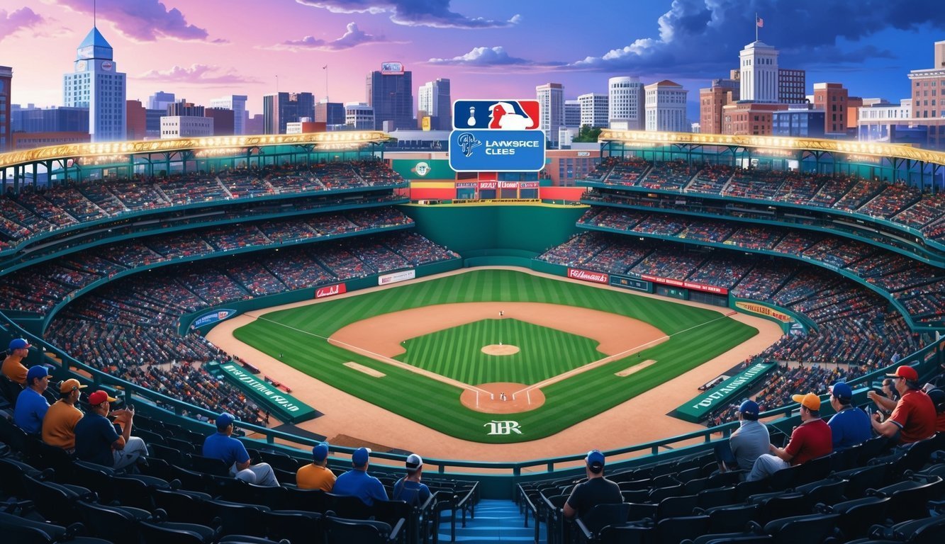 Baseball stadium with a crowd, field, and city skyline at sunset