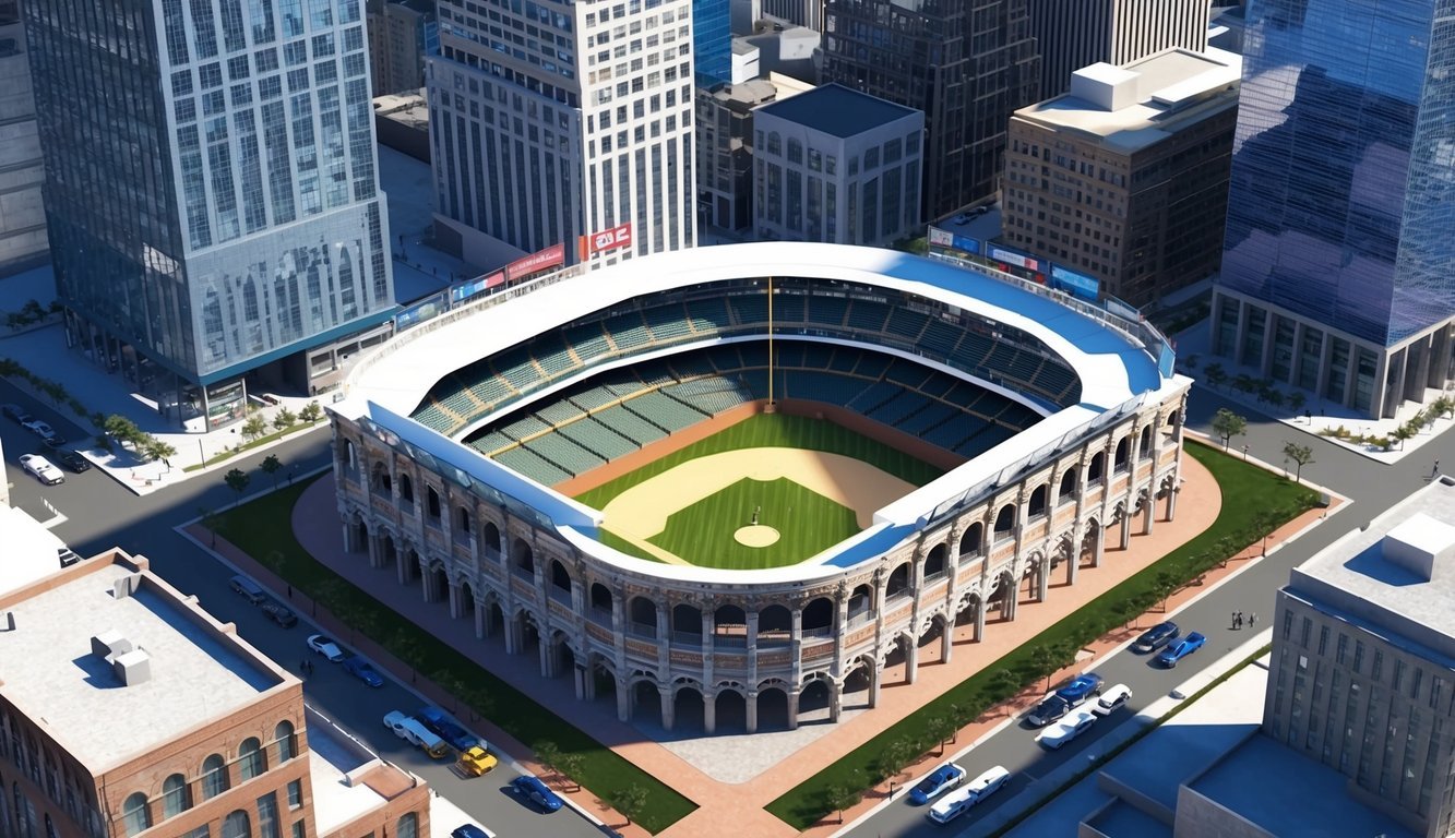 Aerial view of a small, historic MLB stadium surrounded by modern skyscrapers.</p><p>Unique architectural features highlight its evolution over time