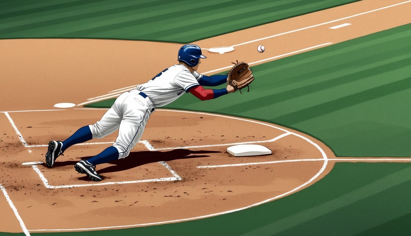 Baseball player dives to catch a ball near the base