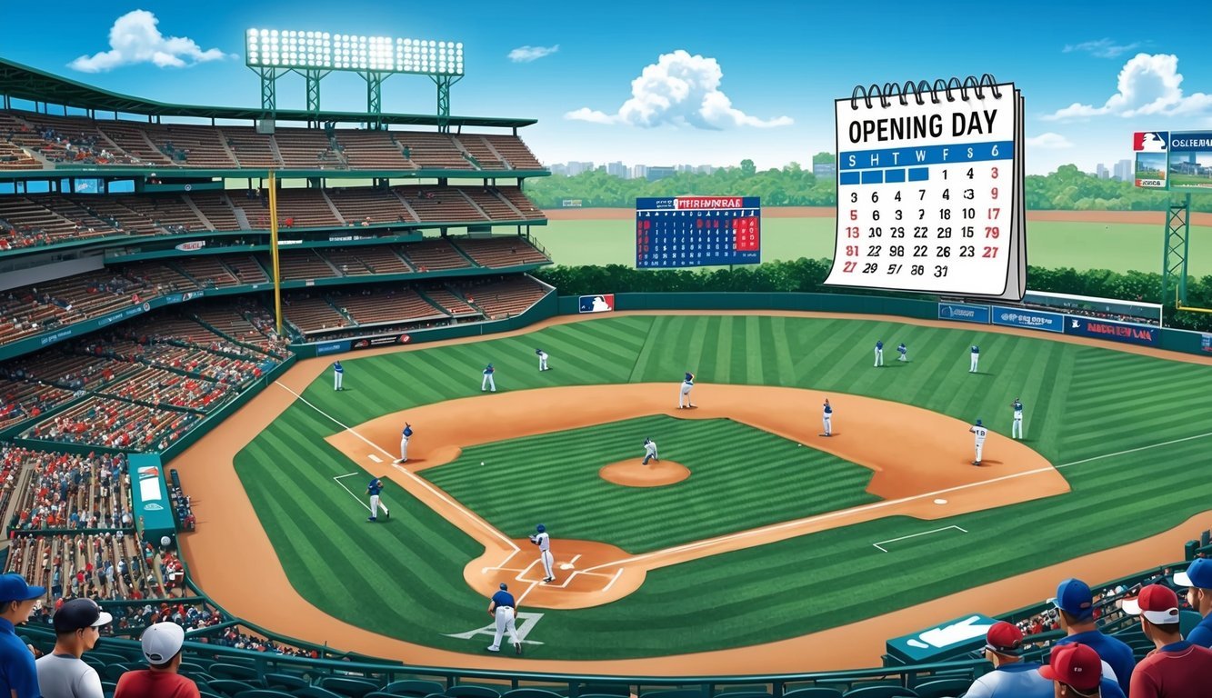 A baseball field with players warming up, fans in the stands, and a calendar showing opening day