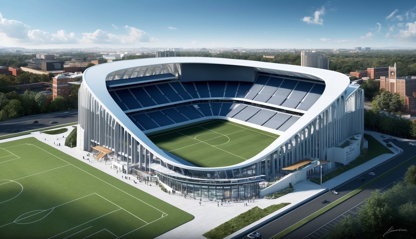 A modern, compact stadium with sleek architectural features and state-of-the-art amenities