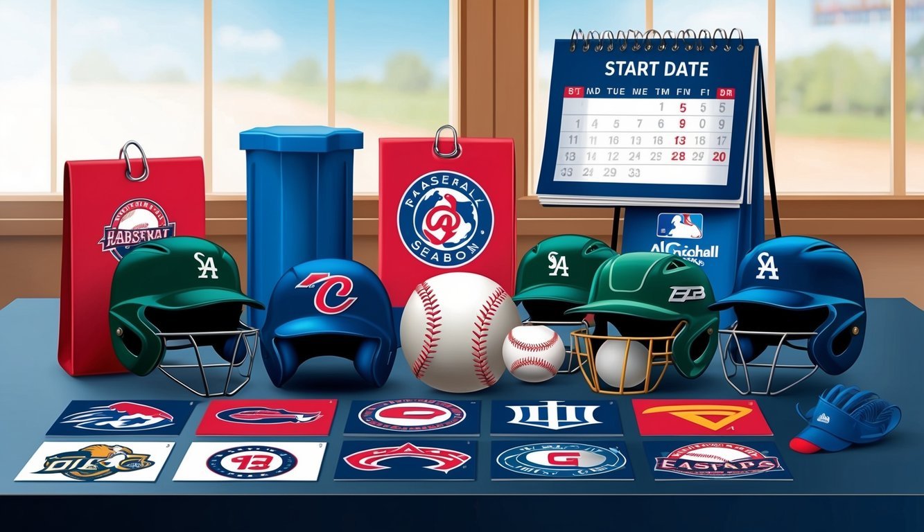 A group of baseball equipment and team logos arranged on a table with a calendar showing the start date of the upcoming season