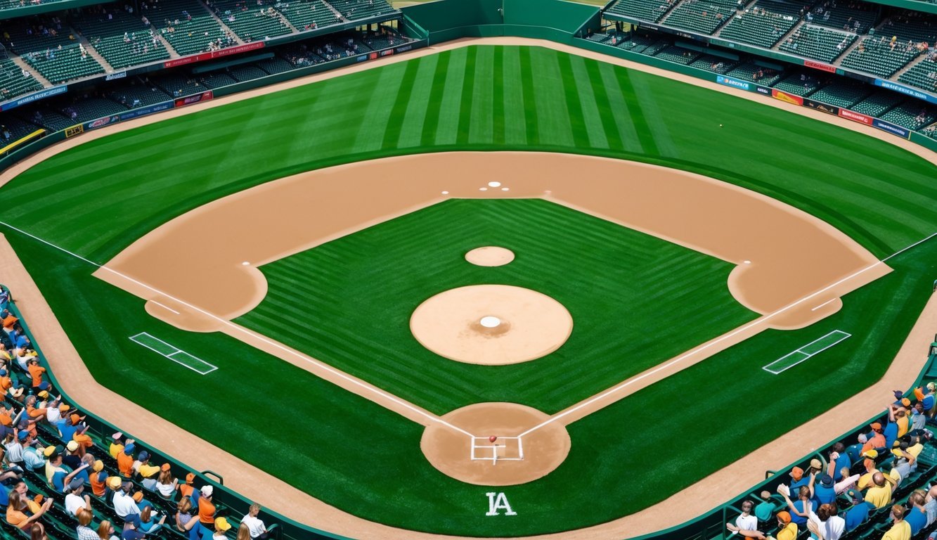 A bright green baseball field with freshly chalked lines and a pitcher's mound, surrounded by eager fans in the stands, ready for the start of the season