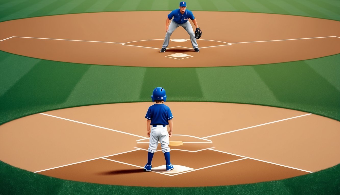 A young baseball player at bat, facing the pitcher on the field