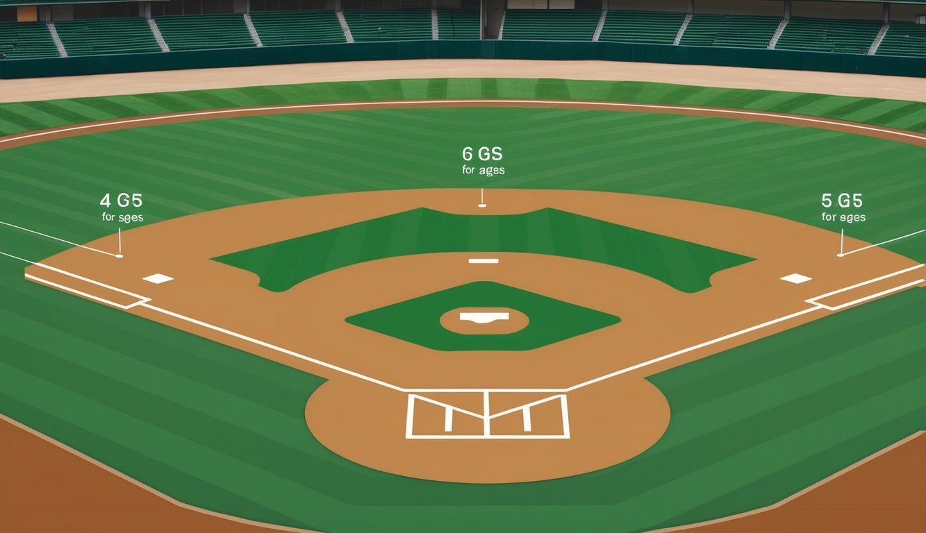 A pitcher's mound with rubber, dirt, and grass, set at varying distances for different age groups