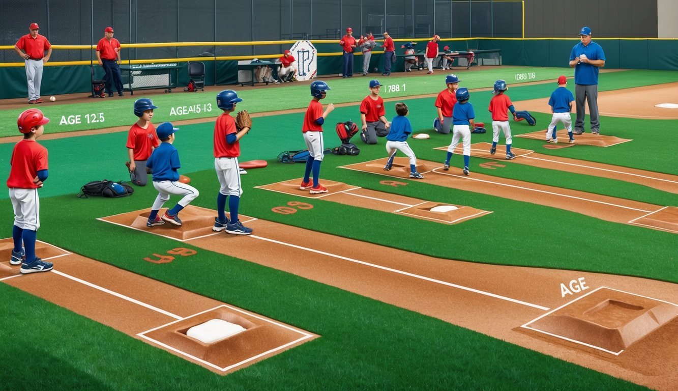 A row of baseball pitching mounds of varying distances, each labeled with an age range, surrounded by safety equipment and coaches supervising young pitchers