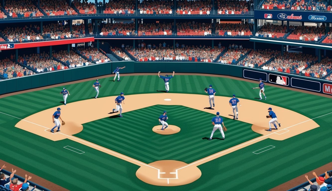 Baseball game in progress, players on field, stadium full of fans
