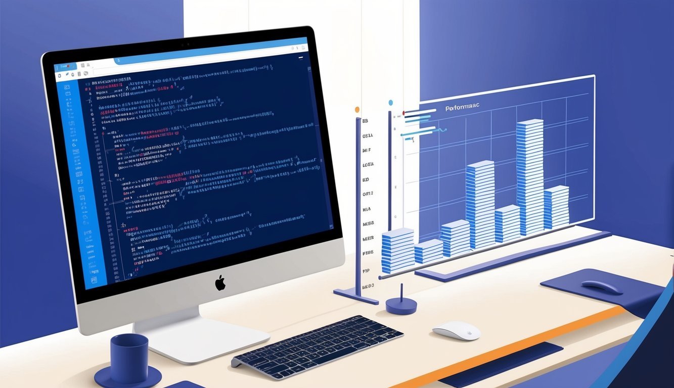 A computer screen displaying HTML code with a performance graph next to it