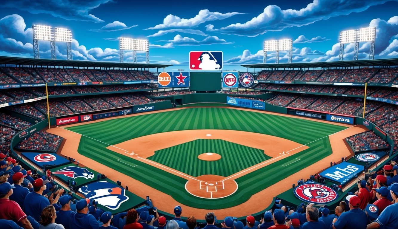 A baseball diamond with MLB team logos, surrounded by fans, under a blue sky with clouds, during key season events