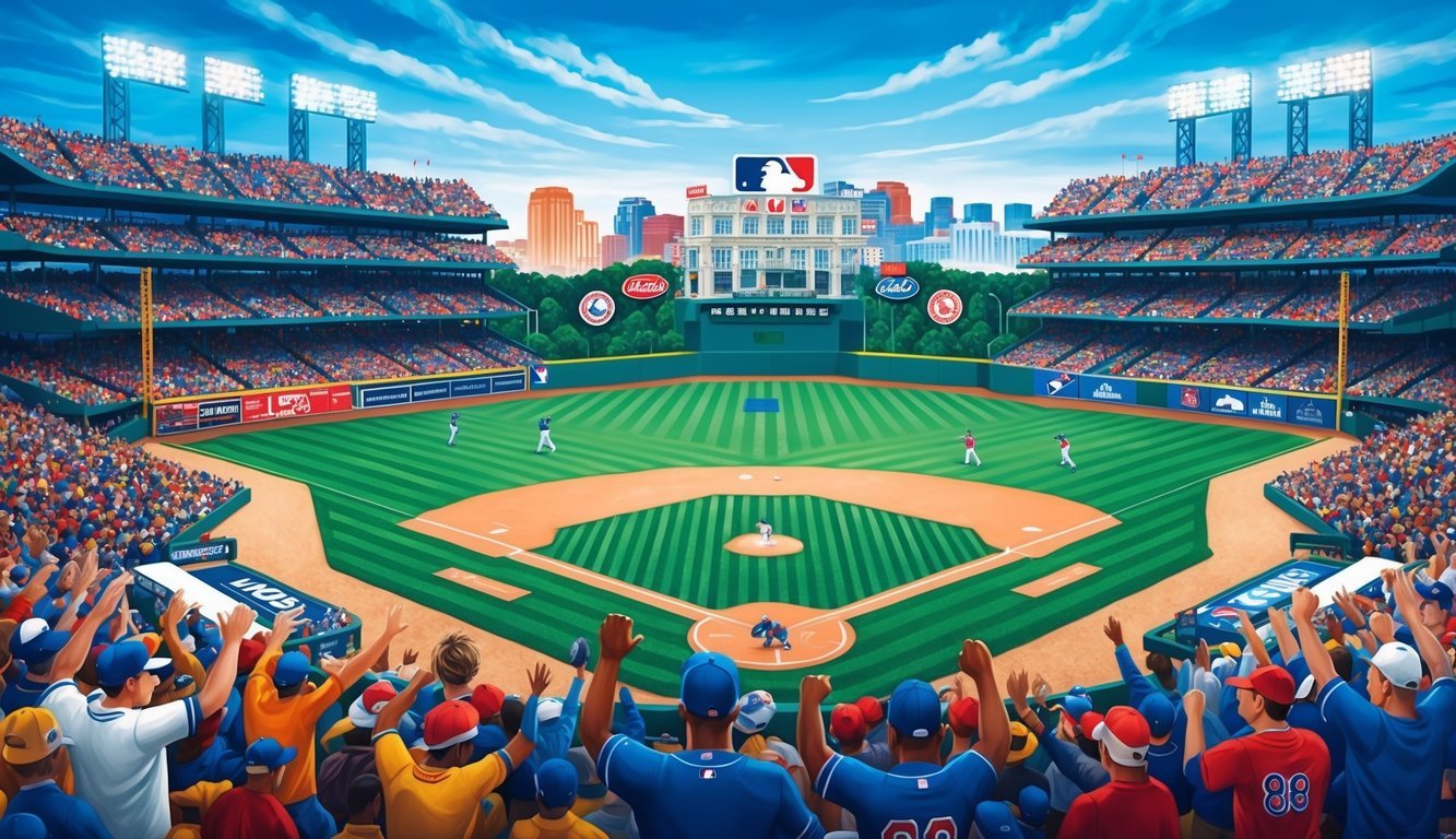 A baseball stadium filled with cheering fans as two MLB teams face off on the field, surrounded by the vibrant culture and impact of the sport