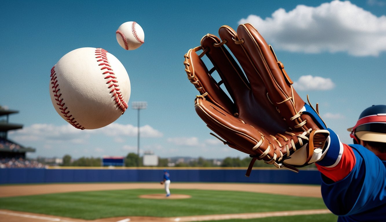 A baseball flying through the air towards a glove, with the player ready to catch it