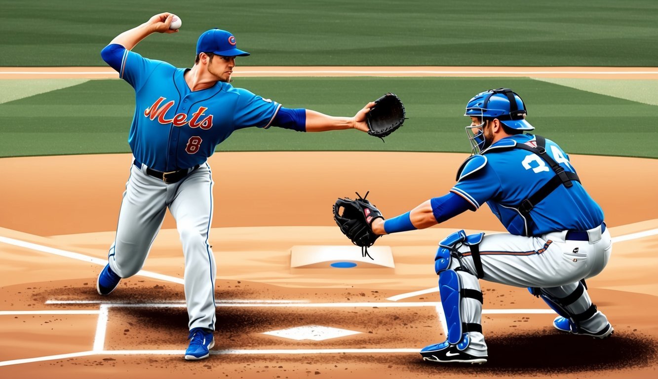 A pitcher throwing a ball to a catcher at home plate, preventing a potential run from scoring