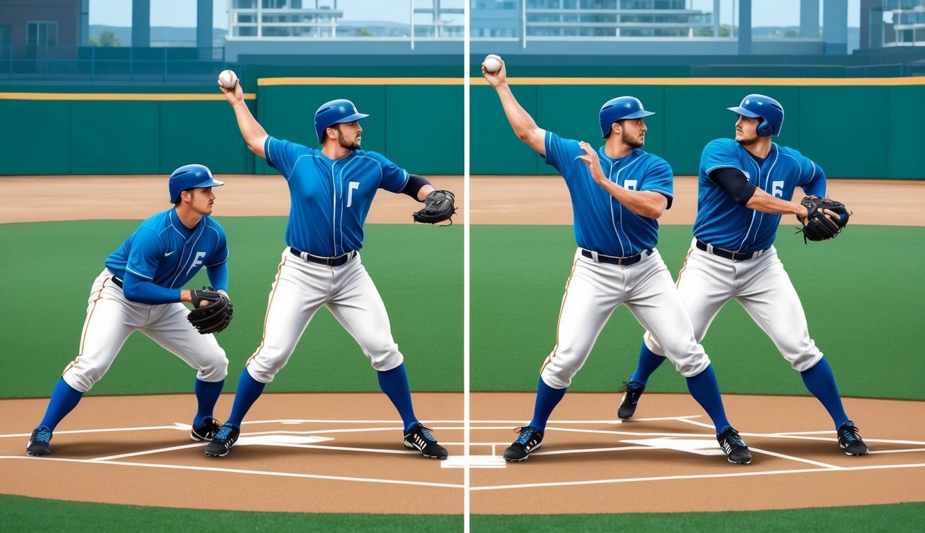 A baseball pitcher throwing to a batter in different stances, with a visible change in the strike zone based on the batter's height