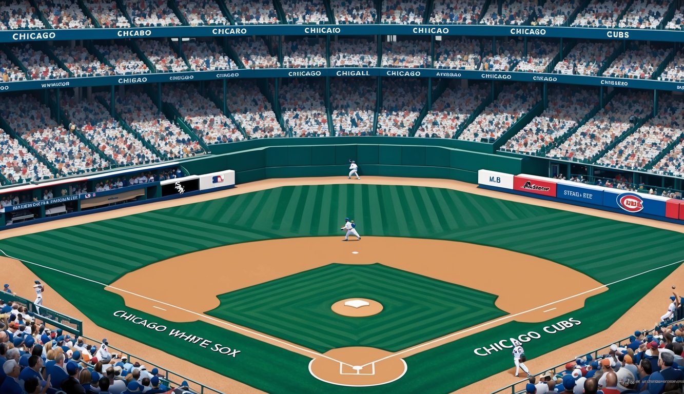 A baseball field with the Chicago White Sox and the Chicago Cubs playing a game, surrounded by a crowd of fans