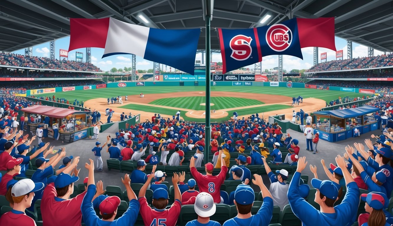 Crowded stadium with cheering fans, divided by team colors.</p><p>Sox vs Cubs banners hang from the rafters.</p><p>Concession stands and vendors line the walkways