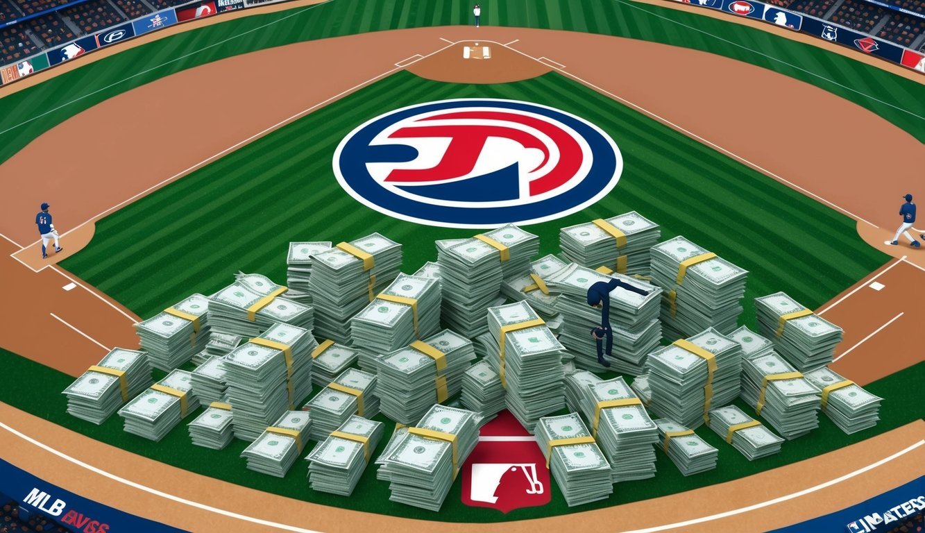 A baseball field with team logos and piles of money, symbolizing the highest paid MLB players