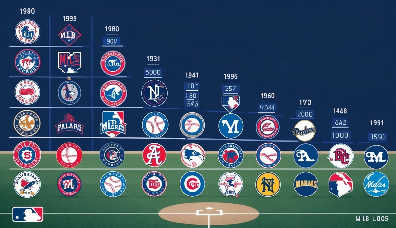 A timeline of MLB logos from past to present, with salary figures increasing from left to right