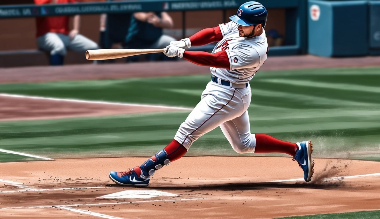 A professional baseball player in action, swinging a bat and running bases