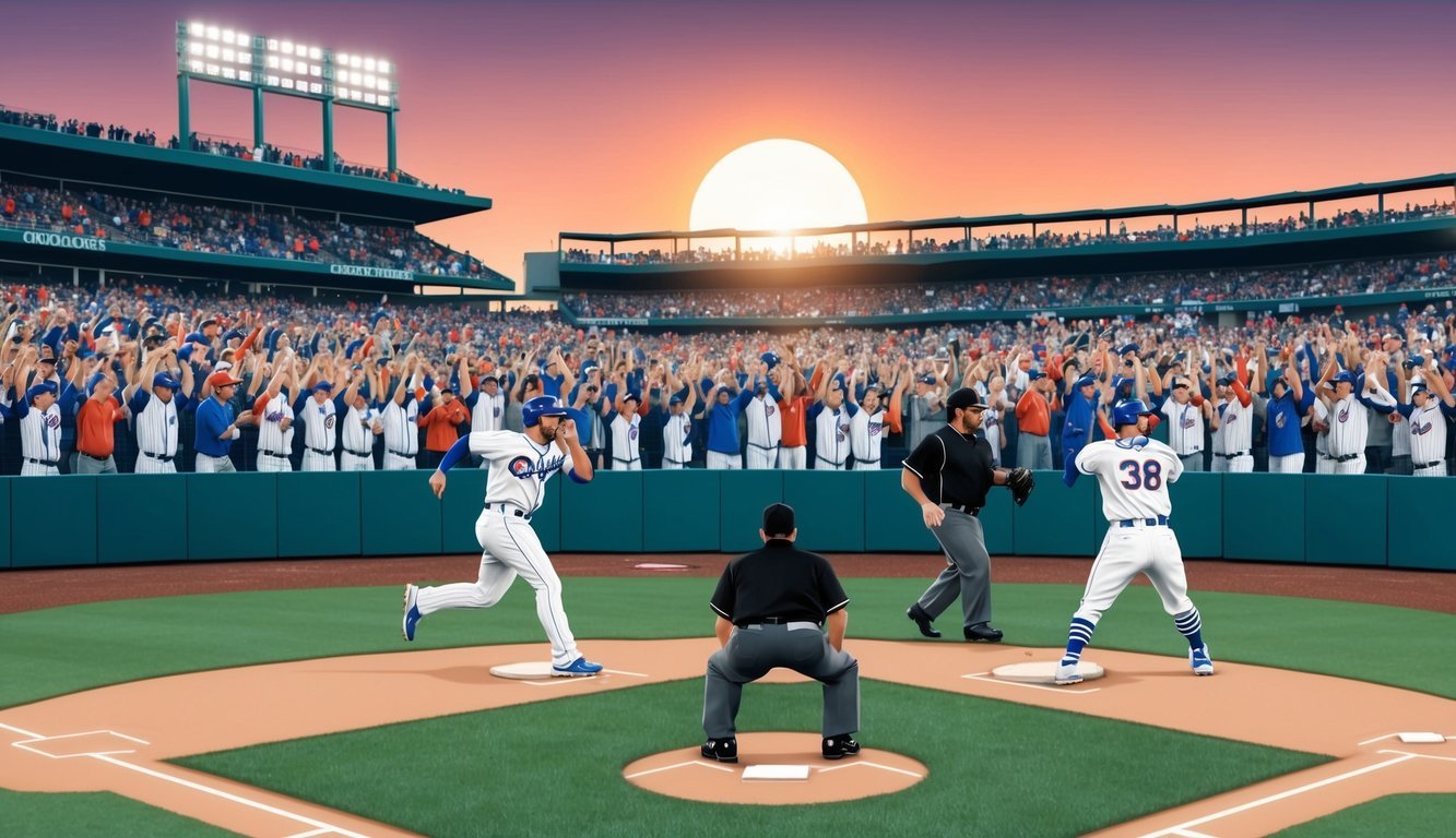 Crowds cheer as the sun sets behind the stadium.</p><p>Players and umpires fatigue as the longest MLB game ever continues into extra innings