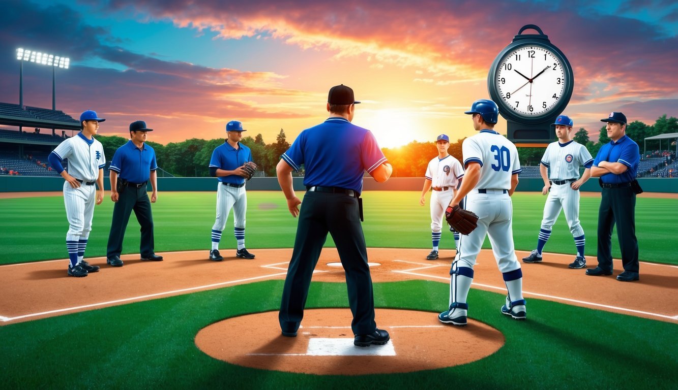 Umpires and players on a baseball field as the sun sets, with a clock in the background showing the passage of time