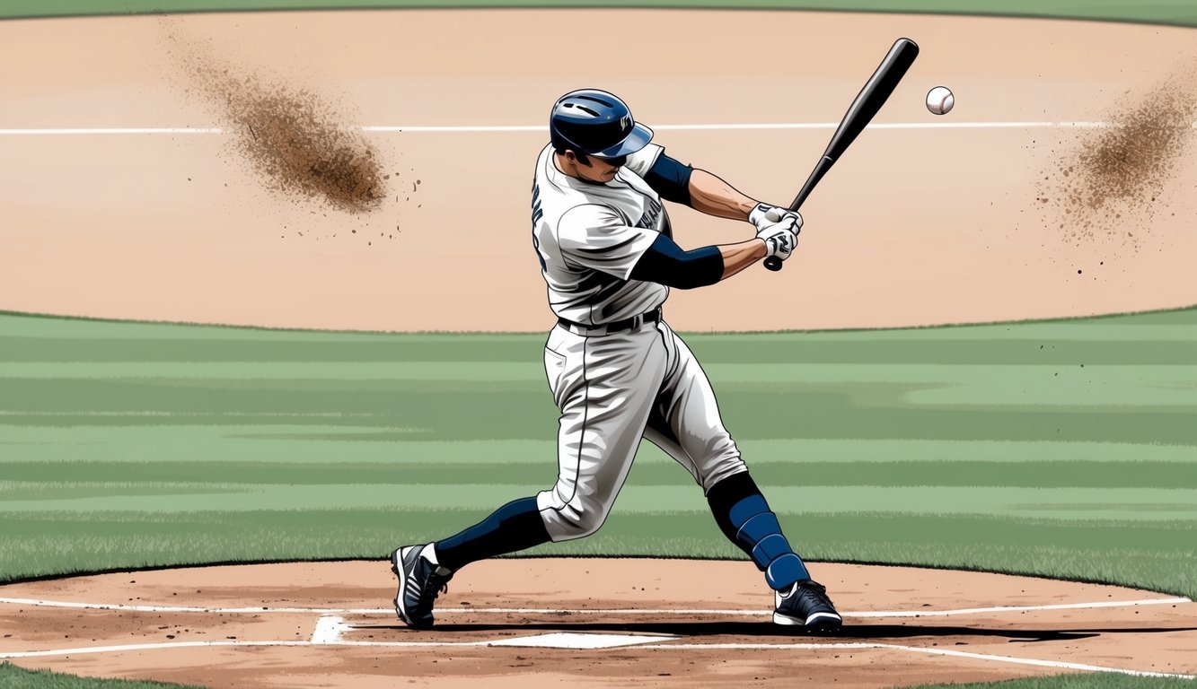 A baseball player swings a bat, making contact with the ball, sending it flying through the air