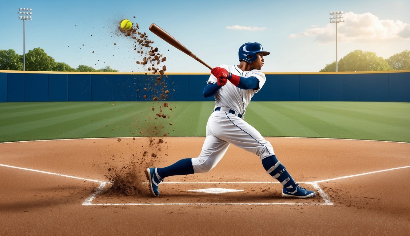 A baseball field with a player swinging a bat, sending dirt flying as they hit the ball with force