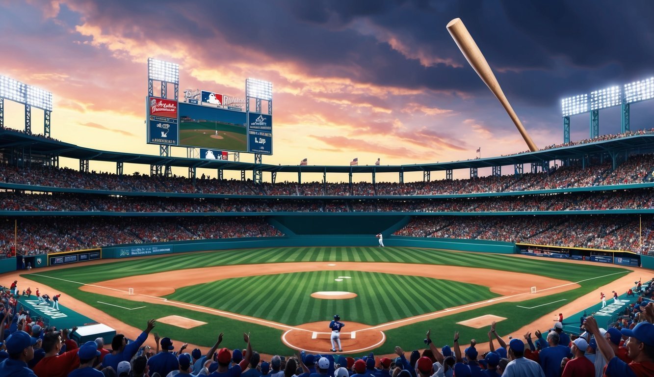 Baseball stadium with a giant bat, player at bat, and cheering fans