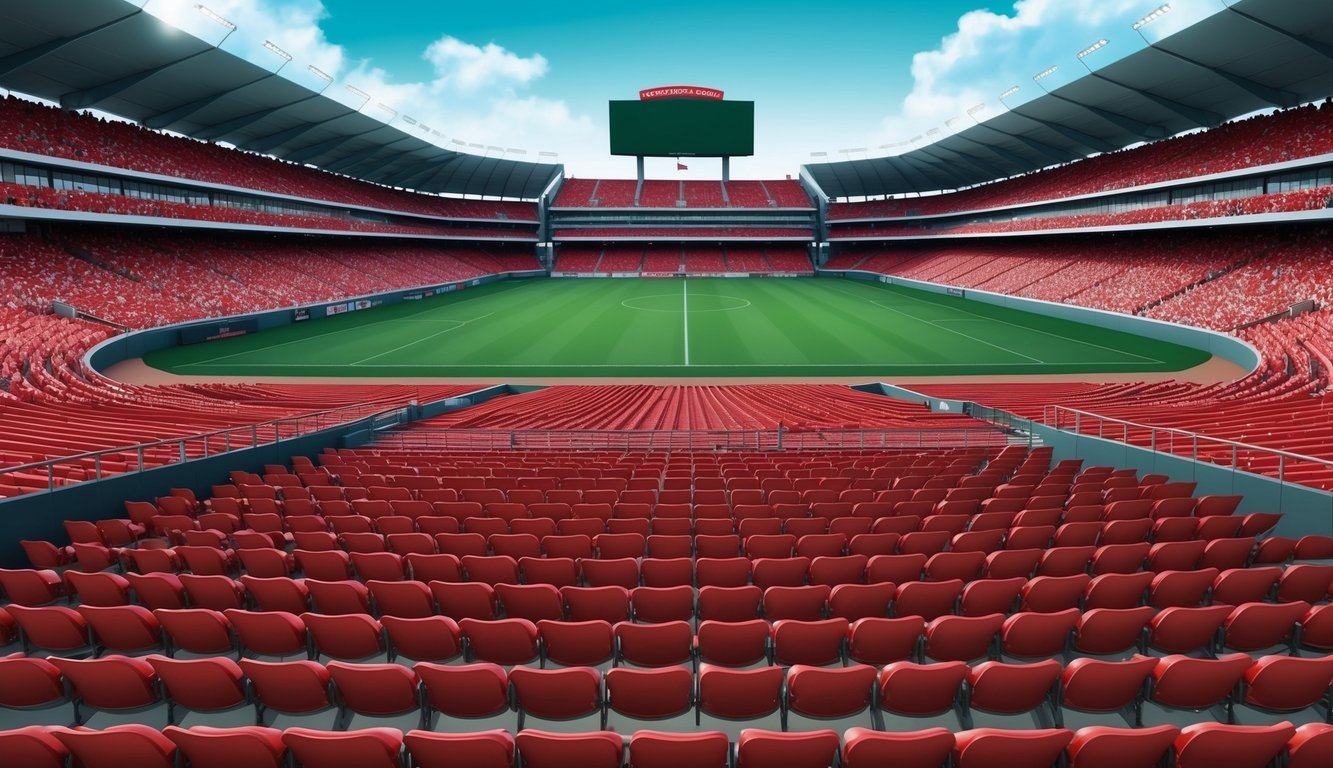 Crowded stadium with rows of red seats, stretching towards a green field.</p><p>Large scoreboard visible in the distance