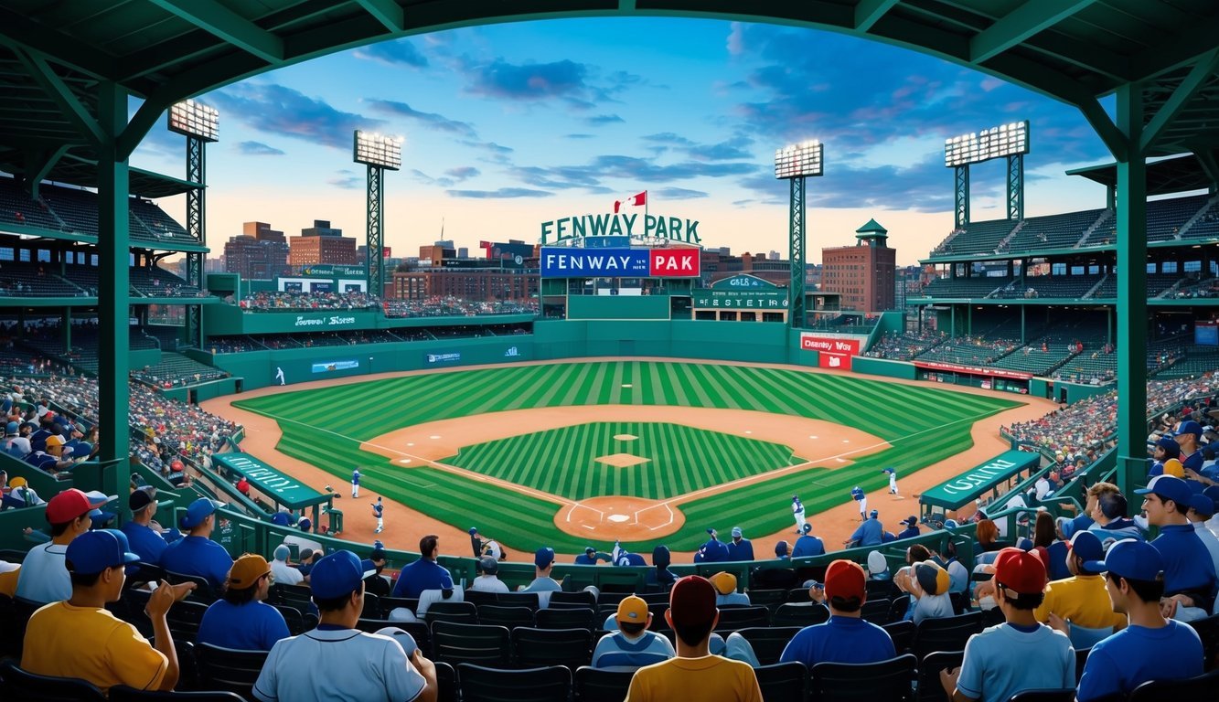 Fenway Park, with over 37,000 seats, is bustling with fans enjoying the amenities and facilities during a baseball game