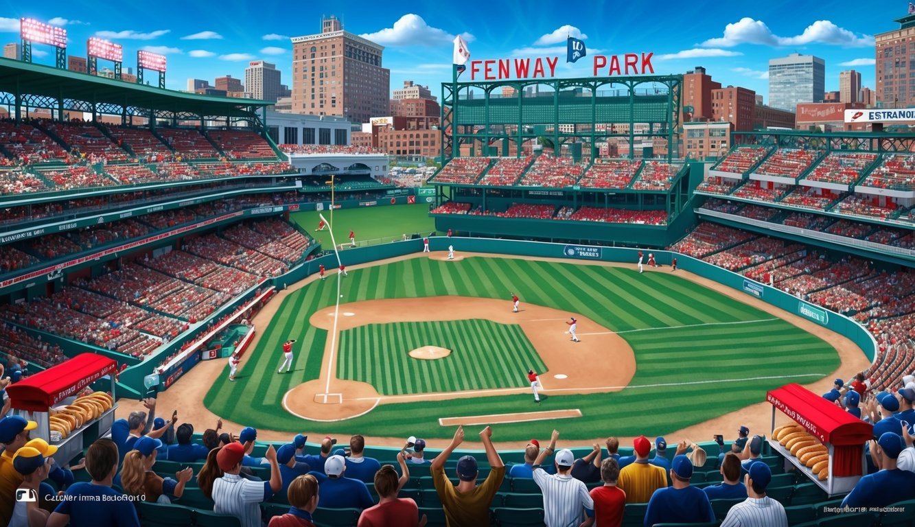 A packed Fenway Park with fans cheering, hot dog vendors, and players on the field