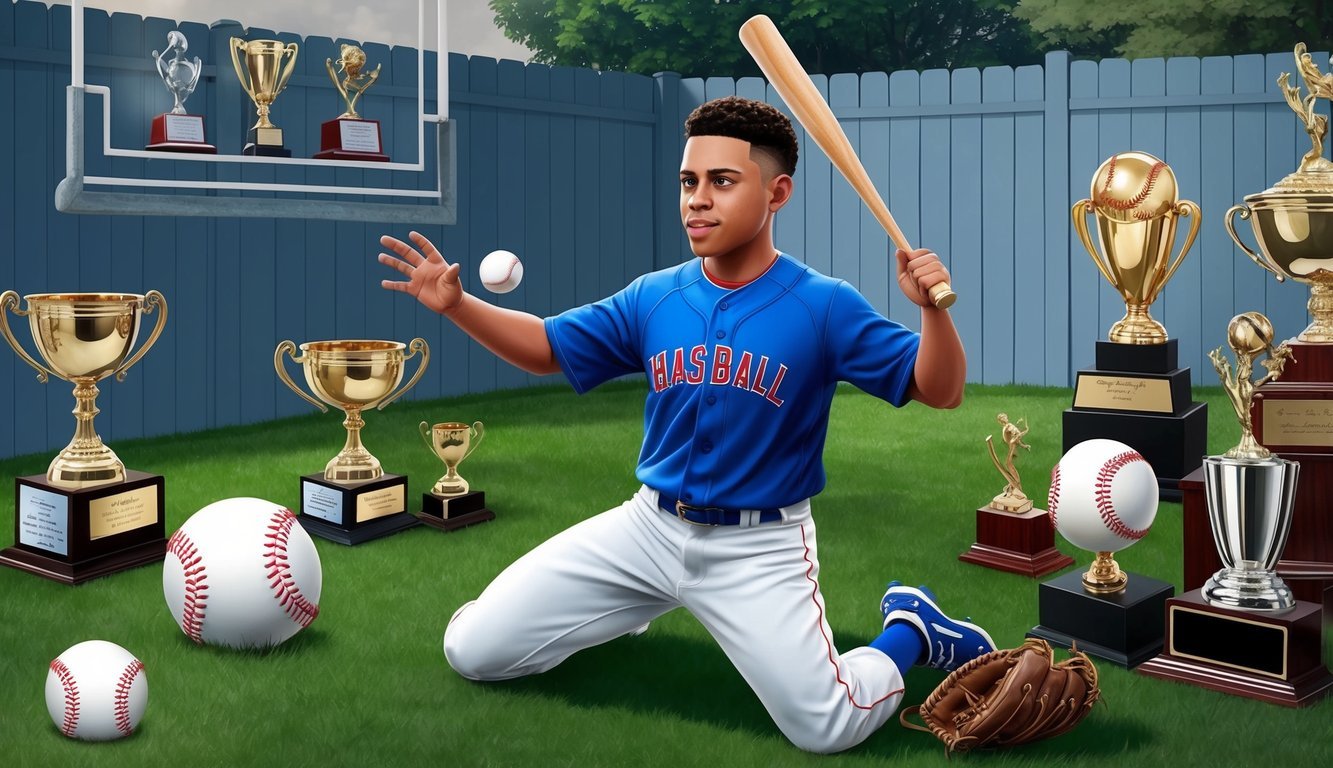 A young Bryce Harper practicing baseball in his backyard, surrounded by trophies and awards