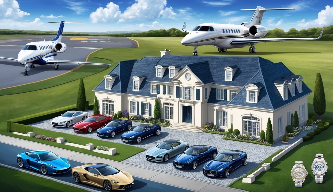 A luxurious mansion with expensive cars in the driveway, a private jet parked at the nearby airport, and a collection of expensive watches and jewelry on display