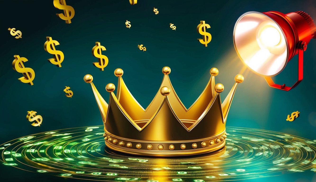 A golden crown surrounded by swirling dollar signs and a glowing spotlight