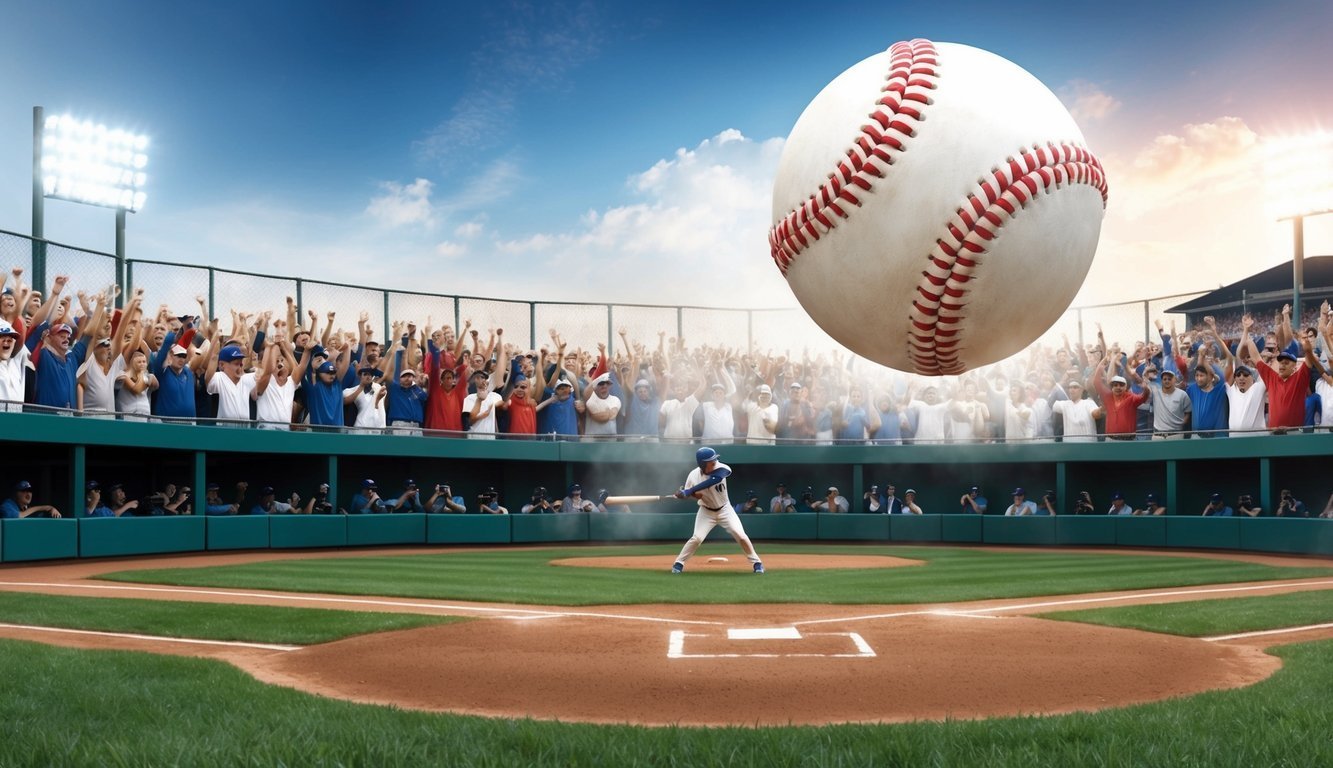 Baseball player at bat with a giant baseball and cheering crowd