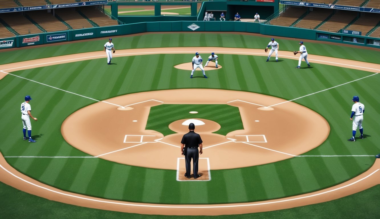 A baseball field with a regulation-size diamond, players in uniform, and an umpire enforcing the rules during a game