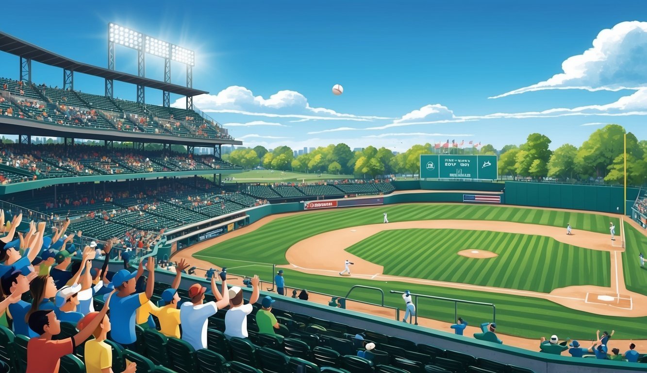 A sunny day at the ballpark, with a clear blue sky and a lush green field.</p><p>The stands are filled with cheering fans as a baseball soars through the air, heading for the outfield fence