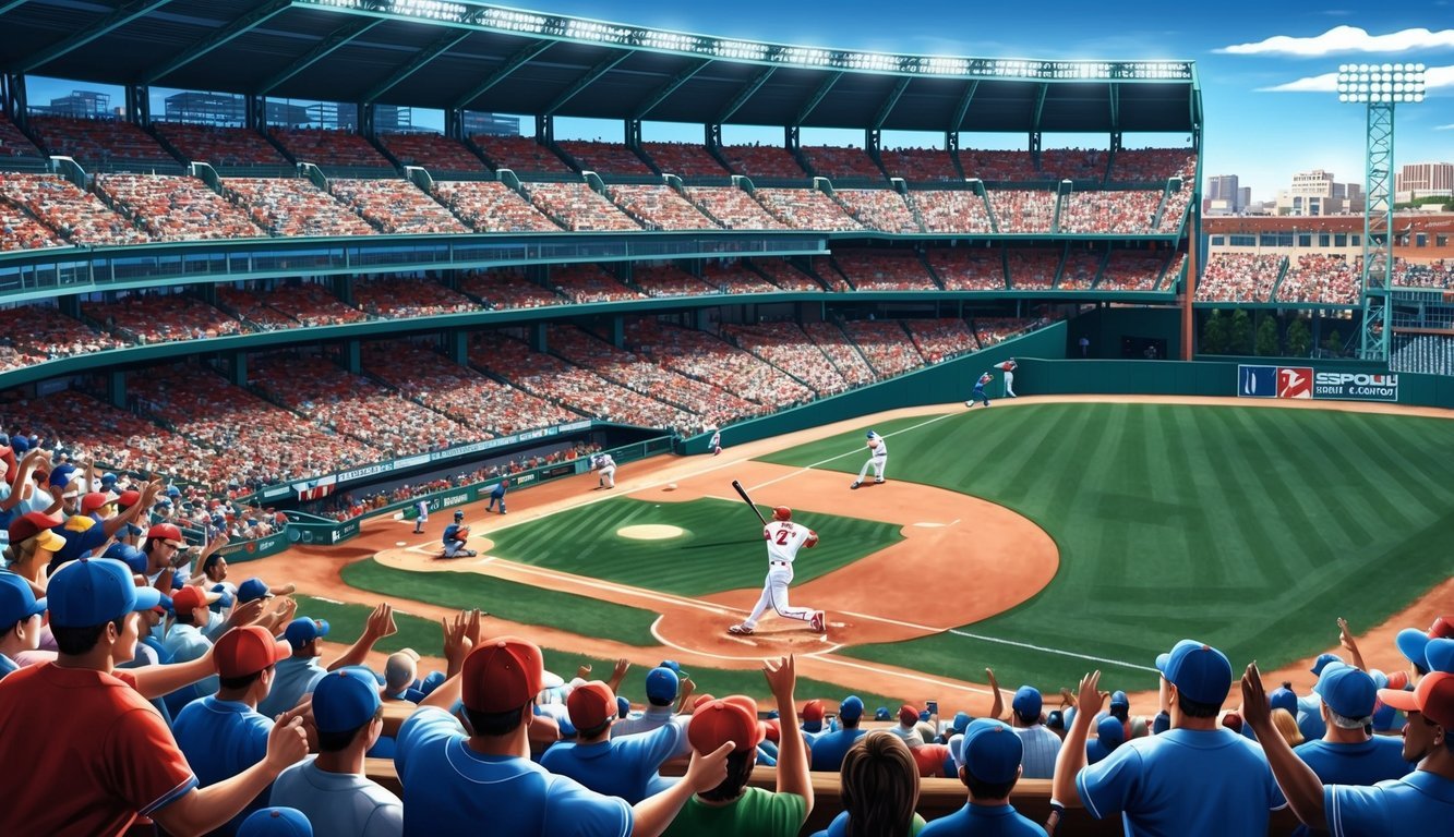 A baseball stadium filled with cheering fans as a player hits a record-breaking home run