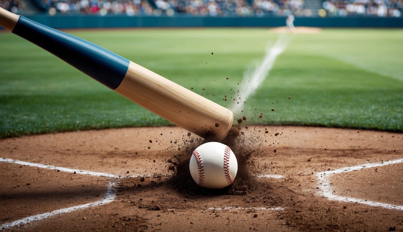 Baseball bat hitting a baseball, kicking up dirt on a baseball field