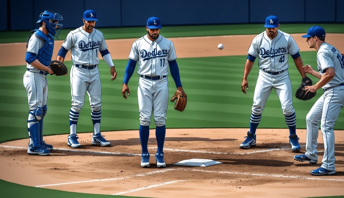 A baseball player standing in the infield, watching as the ball drops untouched, resulting in confusion and frustration among the other players