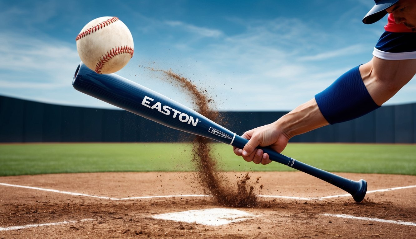 Baseball bat hitting a ball, kicking up dirt on a baseball field