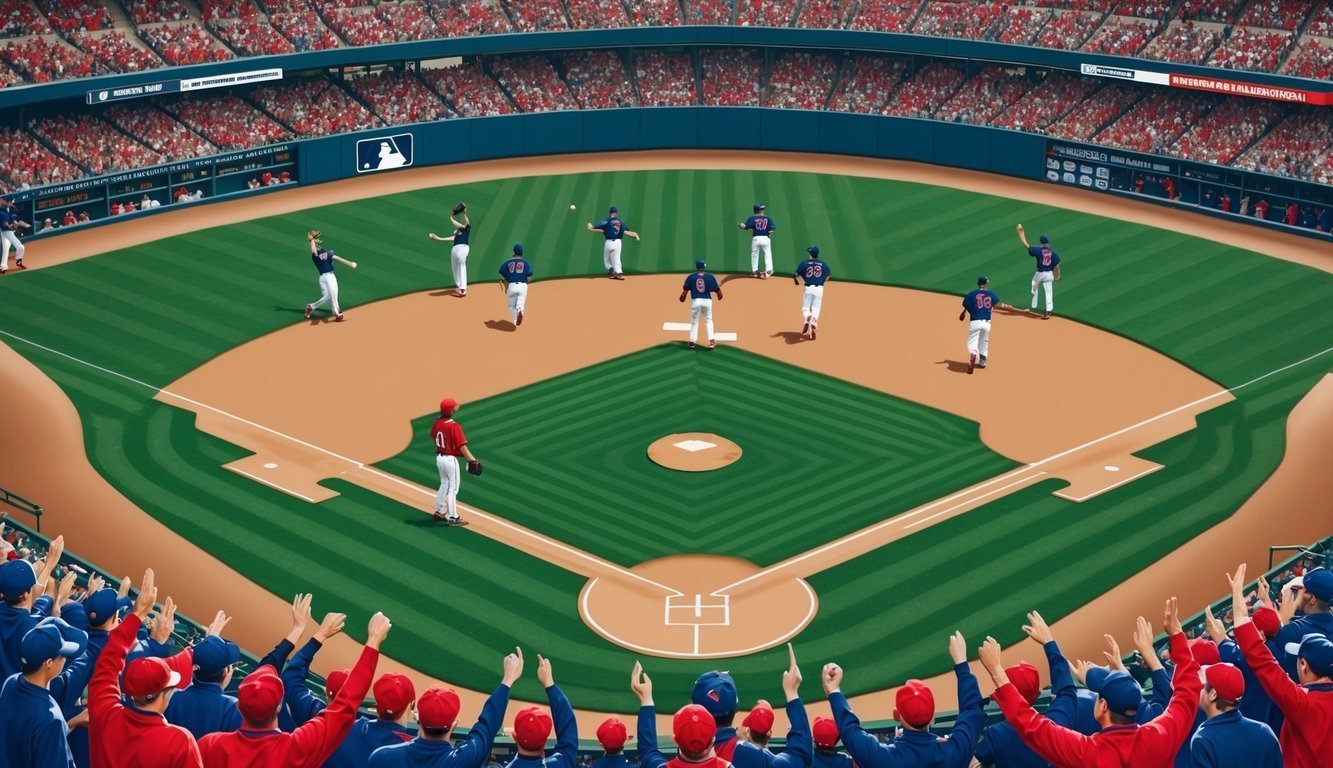 Baseball game with players on the field, fans cheering in the stands